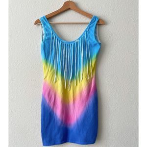 Boohoo Rainbow Midi Dress/Coverup with Fringed Neckline Size 6